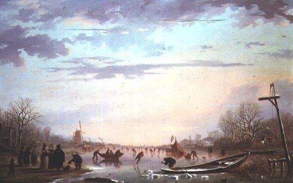 Escena de patinaje en un río congelado de Andries Vermeulen
