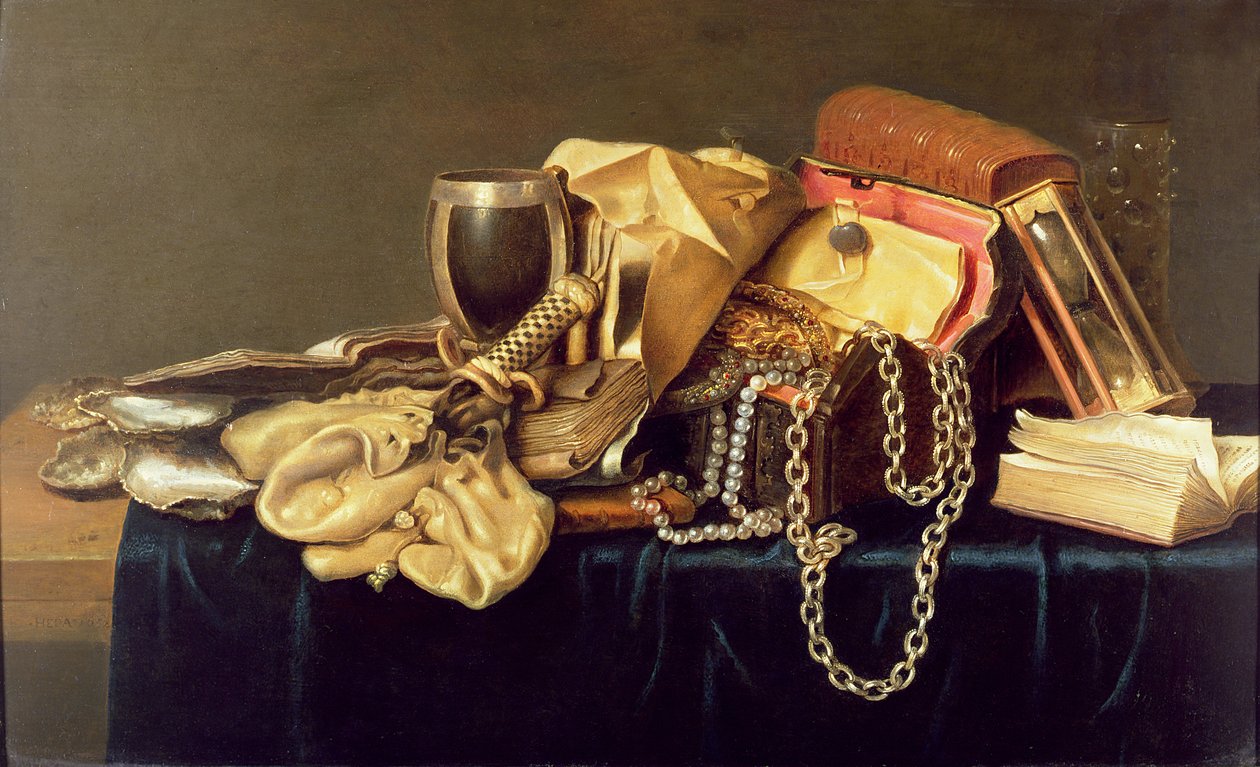 Naturaleza Muerta de un Cofre de Joyas, Libros y Ostras de Andries Vermeulen