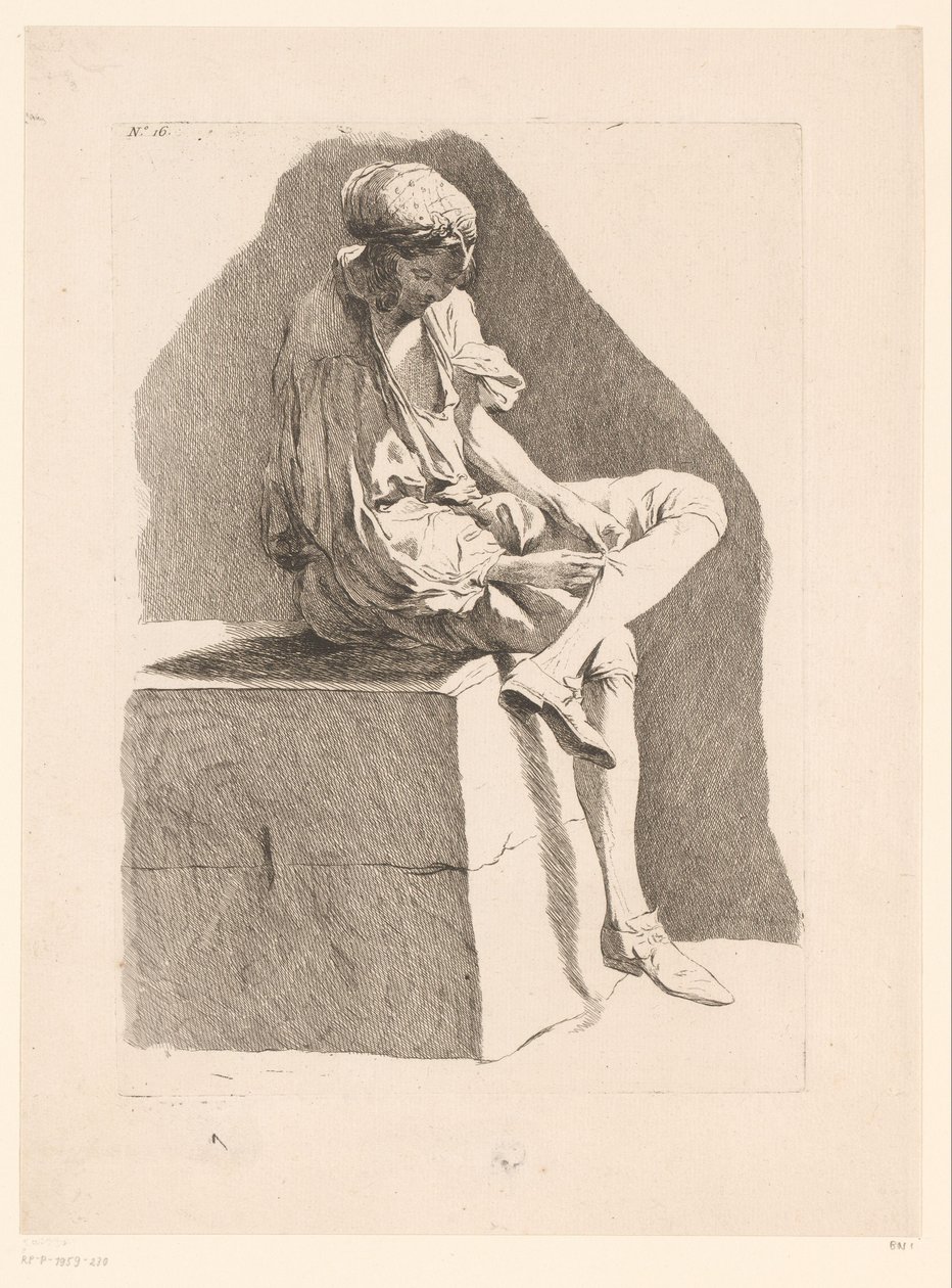 Caricatura de un niño cosiendo su media
Caricaturas según J. Saly (título de la serie)
Recueil de caricatures dessinées Par J. Saly et Gravées par A.L. De Lalive D.J. (título de la serie) de Ange Laurent de, marquis de Rémoville Lalive