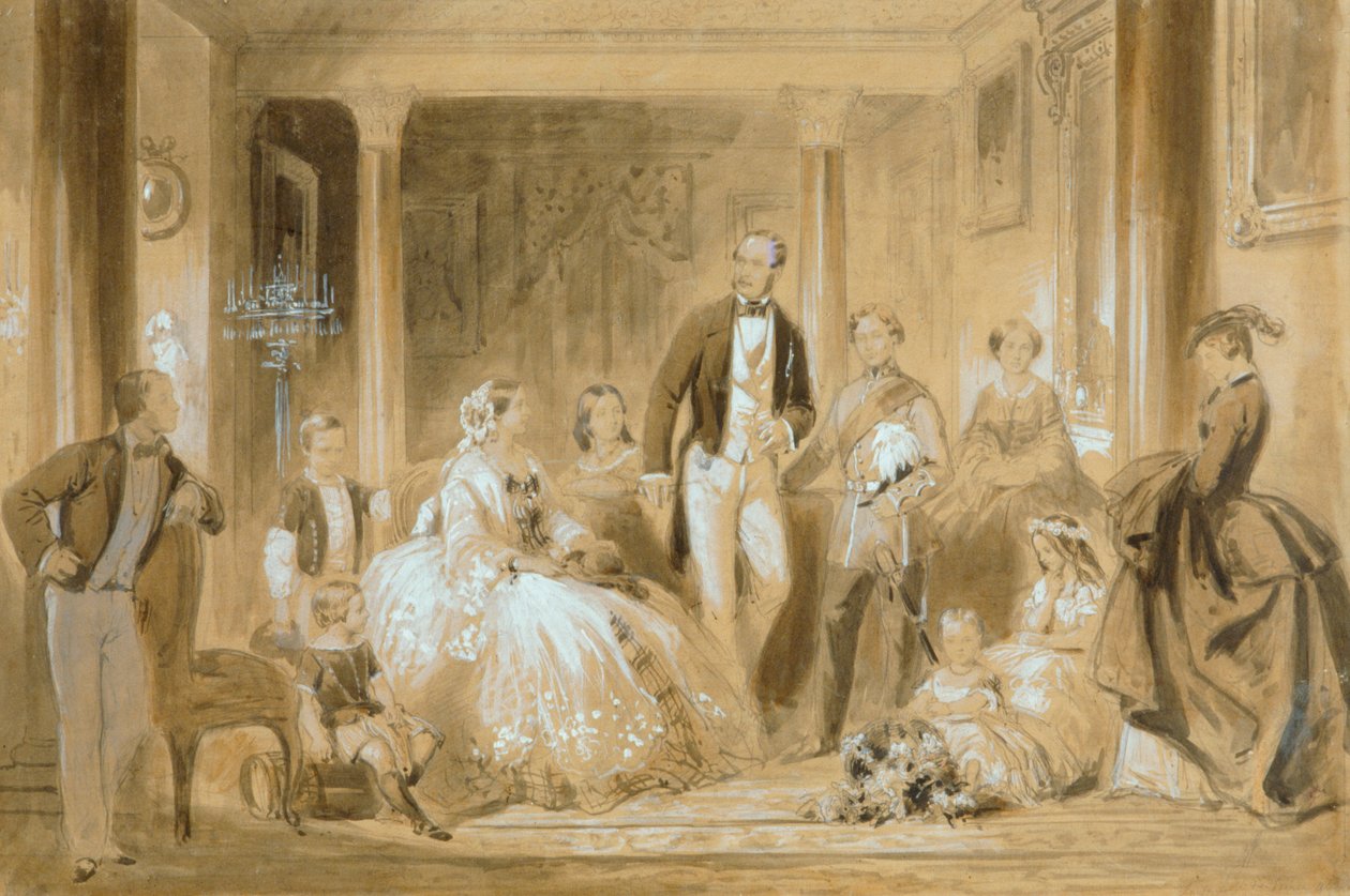 Royal Family in the Dining Room at Osborne House (lápiz y aguada sobre papel) de Ange Louis (1815 72) Janet