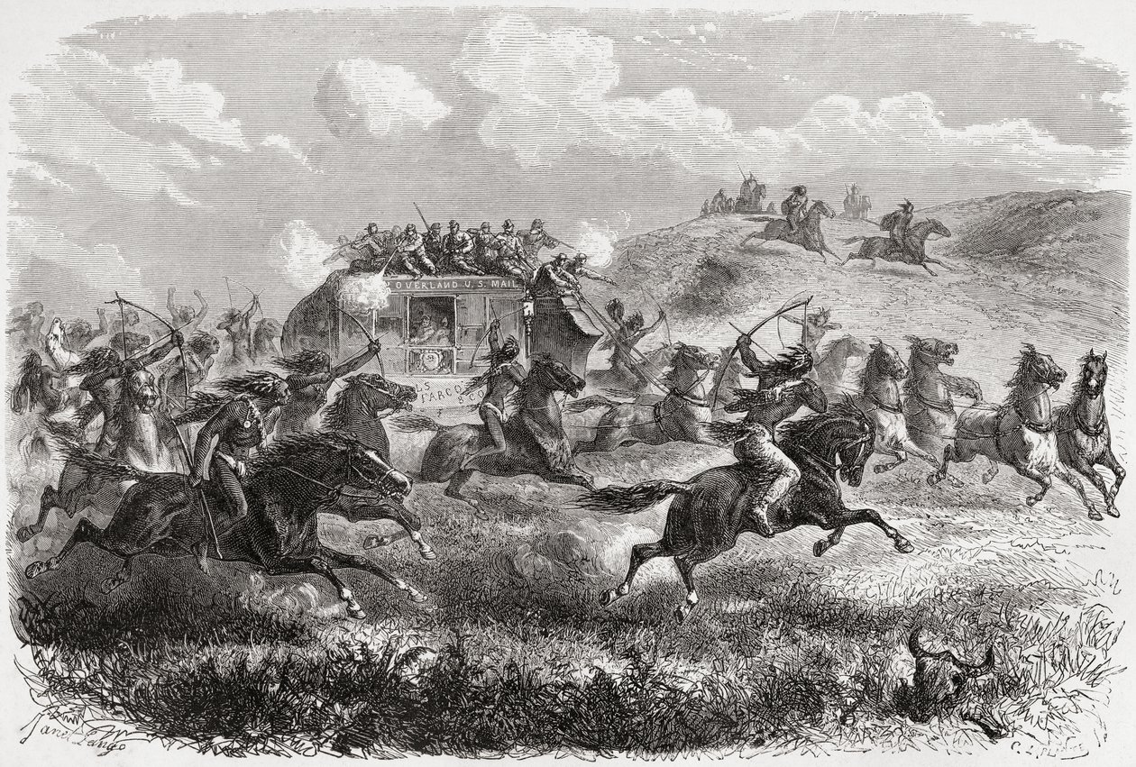 Indios atacando una diligencia transcontinental en 1867, ilustración de 