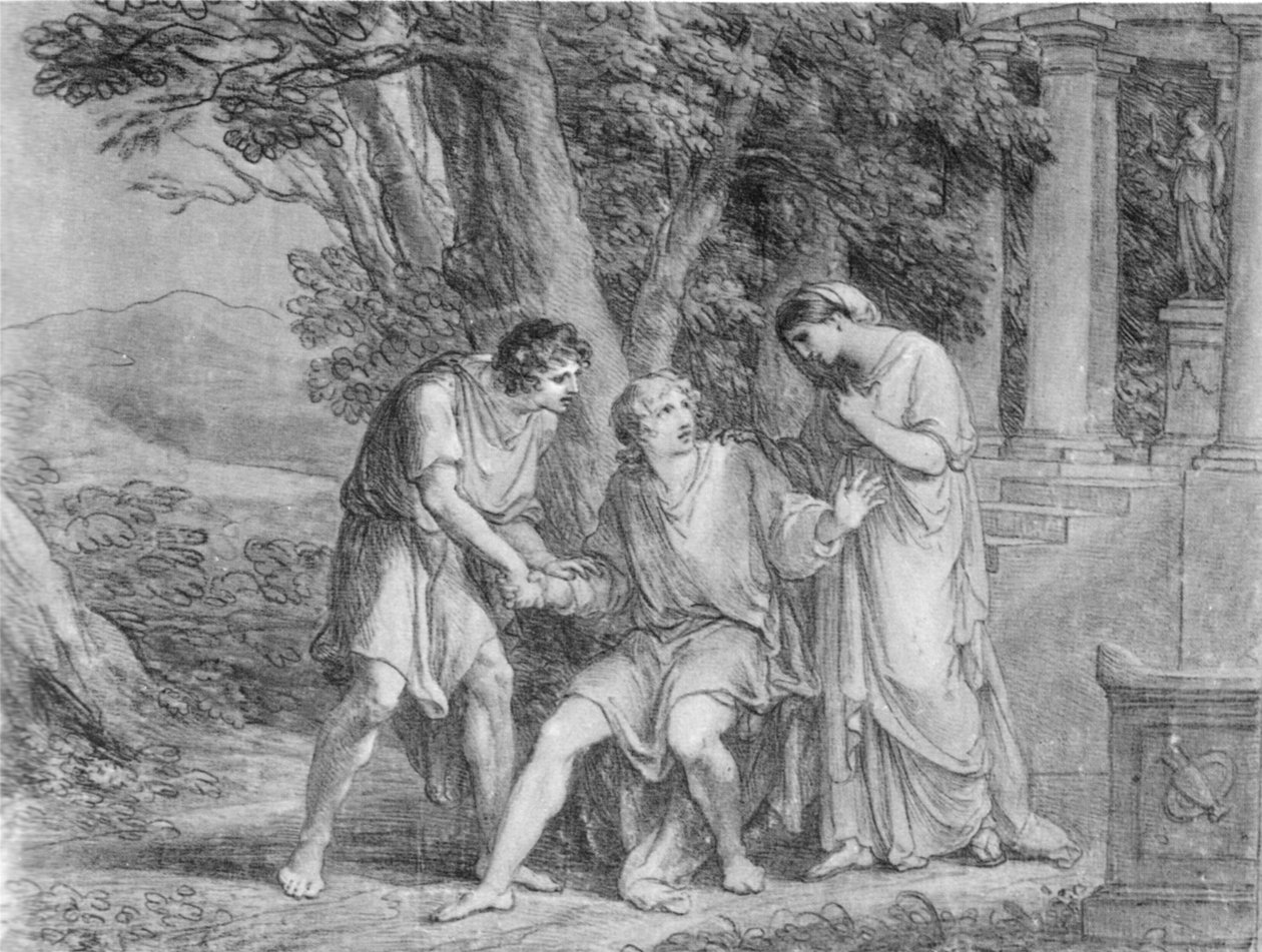 Acto tres, escena tres de Ifigenia en Táuride de Goethe. Dibujo. Estreno de la versión final de la obra en Weimar en 1802. Goethe, interpretando a Orestes, sentado en el centro de Angelica Kauffmann