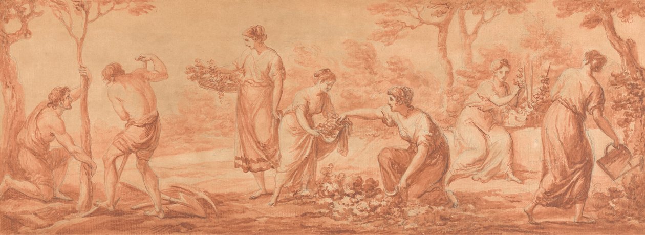 Un friso: Hombres plantando árboles, mujeres recogiendo flores y regándolas de Angelica Kauffmann
