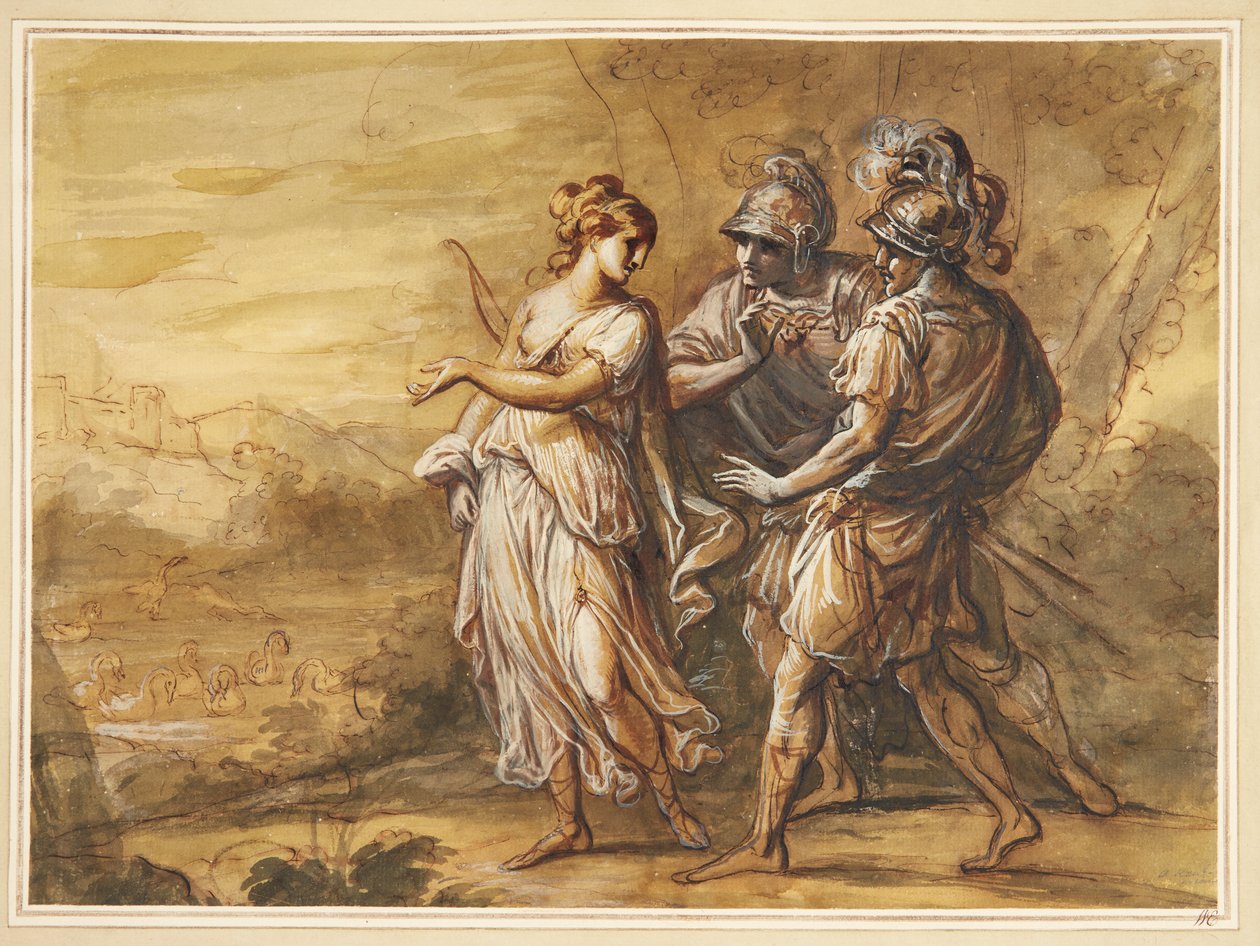 Escena mitológica. Mujer joven con arco se vuelve hacia dos hombres armados de Angelica Kauffmann