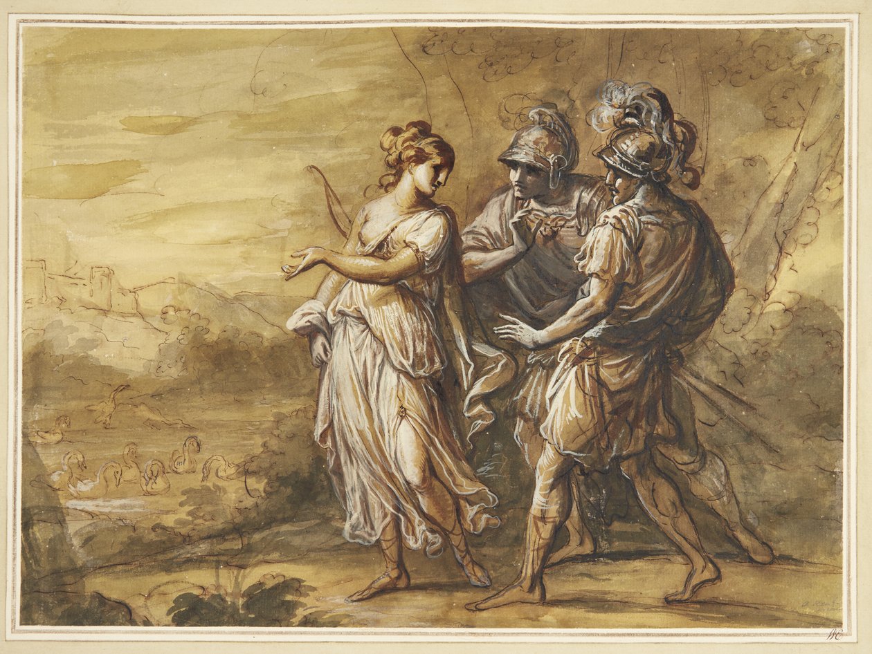 Escena mitológica. Mujer joven con arco se vuelve hacia dos hombres armados de Angelica Kauffmann