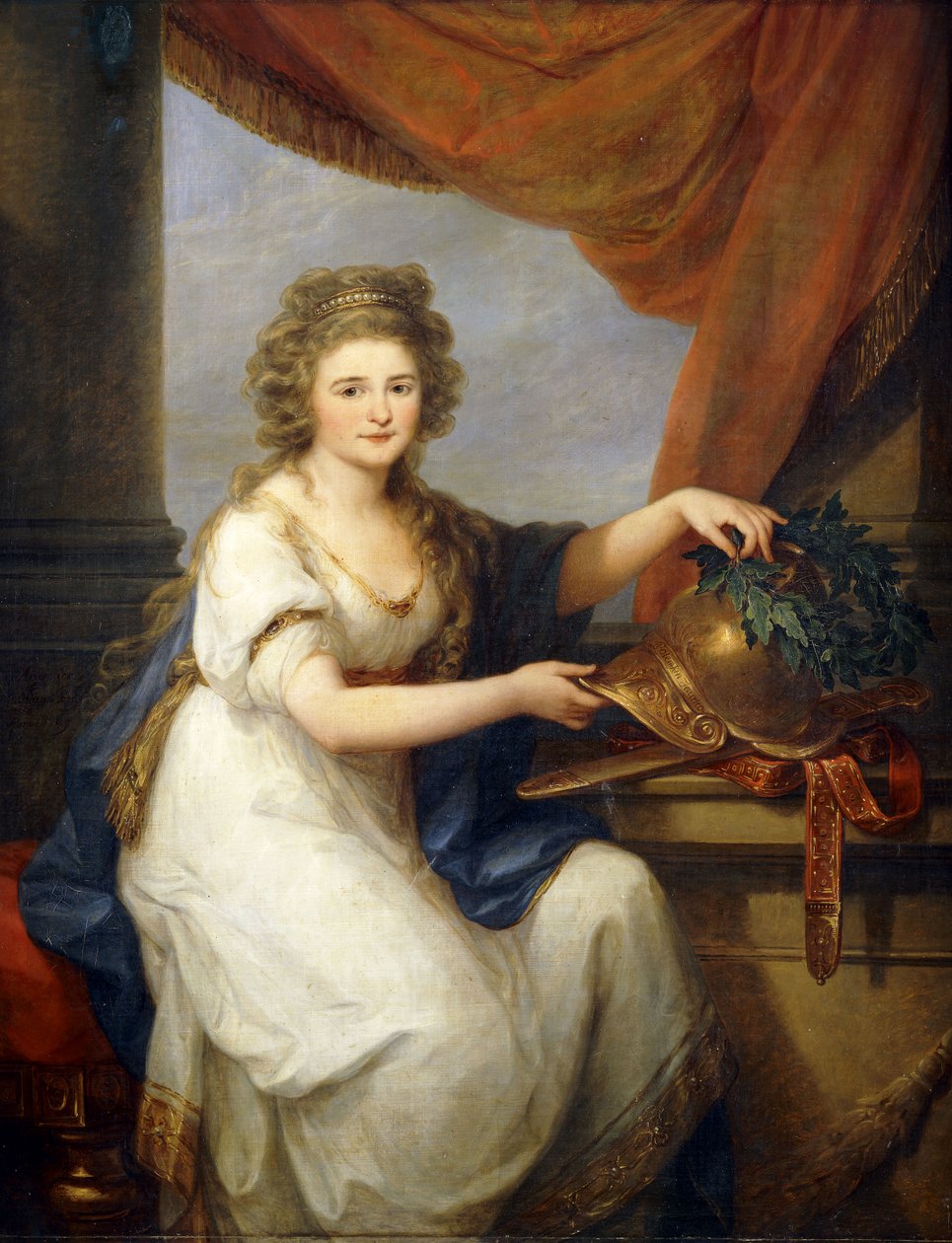 Retrato de la condesa Catherine Skavronska, sentada de tres cuartos de longitud, en vestido neoclásico, junto a una cortina adornando un casco, inscrito "Potemkin Taurico", con una corona de Angelica Kauffmann