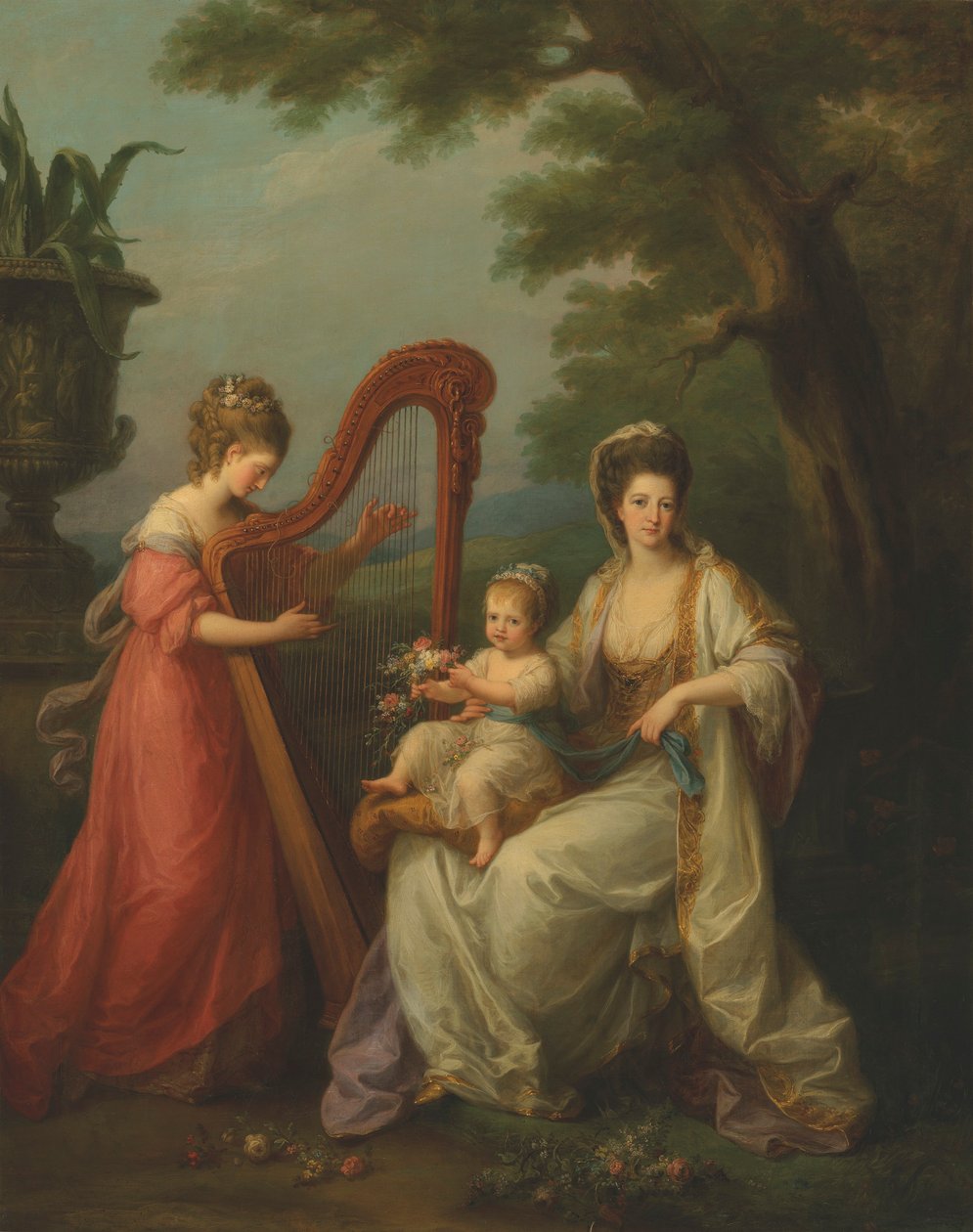 Retrato de Lady Elizabeth Smith-Stanley, condesa de Derby, con su hijo Edward, más tarde XIII conde de Derby, y su hermanastra, Lady Augusta Campbell, tocando el arpa. de Angelica Kauffmann