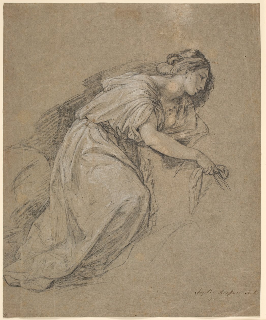 Estudio de la vida de una mujer arrodillada de perfil de Angelica Kauffmann