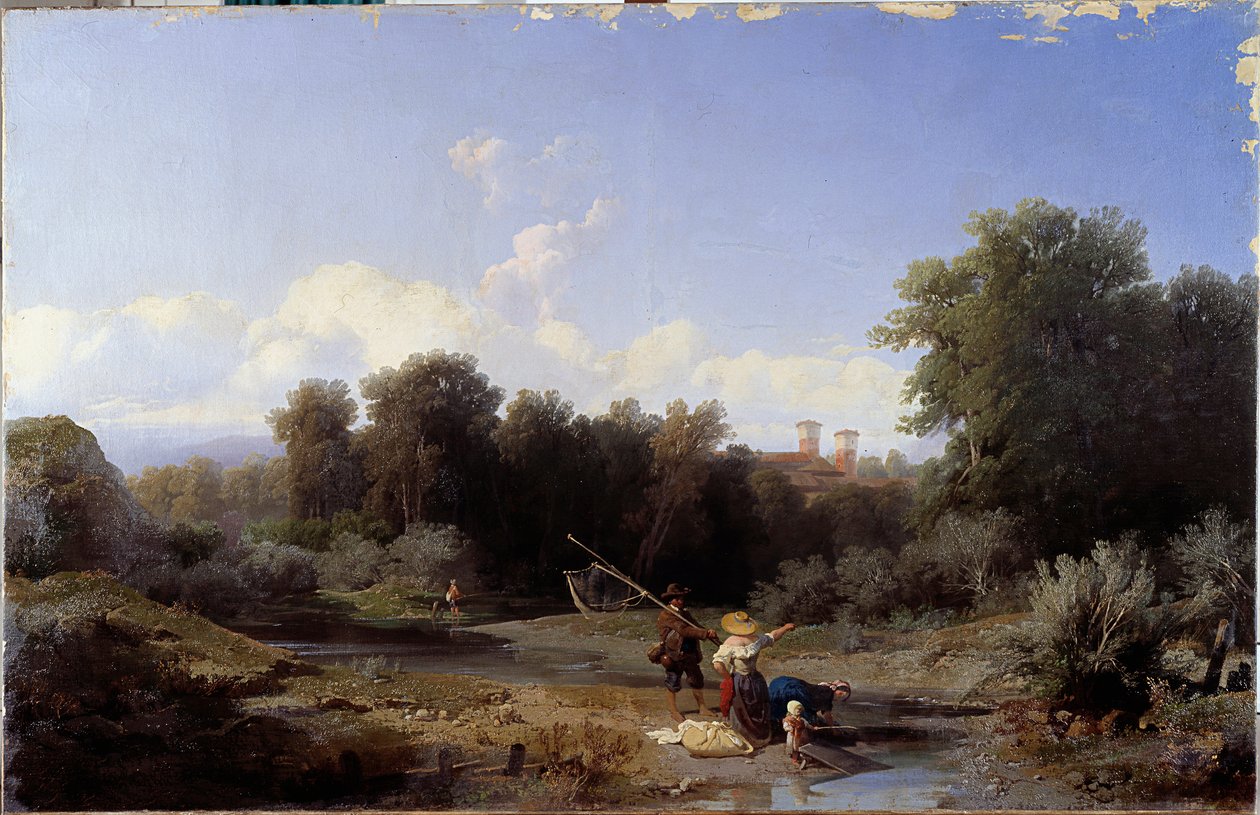 Paisaje o "Pesca" (Pesca en un río). Pintura de Angelo Beccaria (1820-1897) 1855. Genes, Galleria d