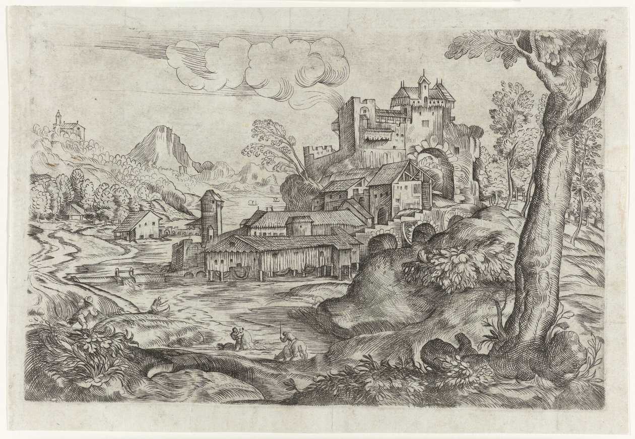 Paisaje con río y castillo de Angelo Falconetto (attributed to)
