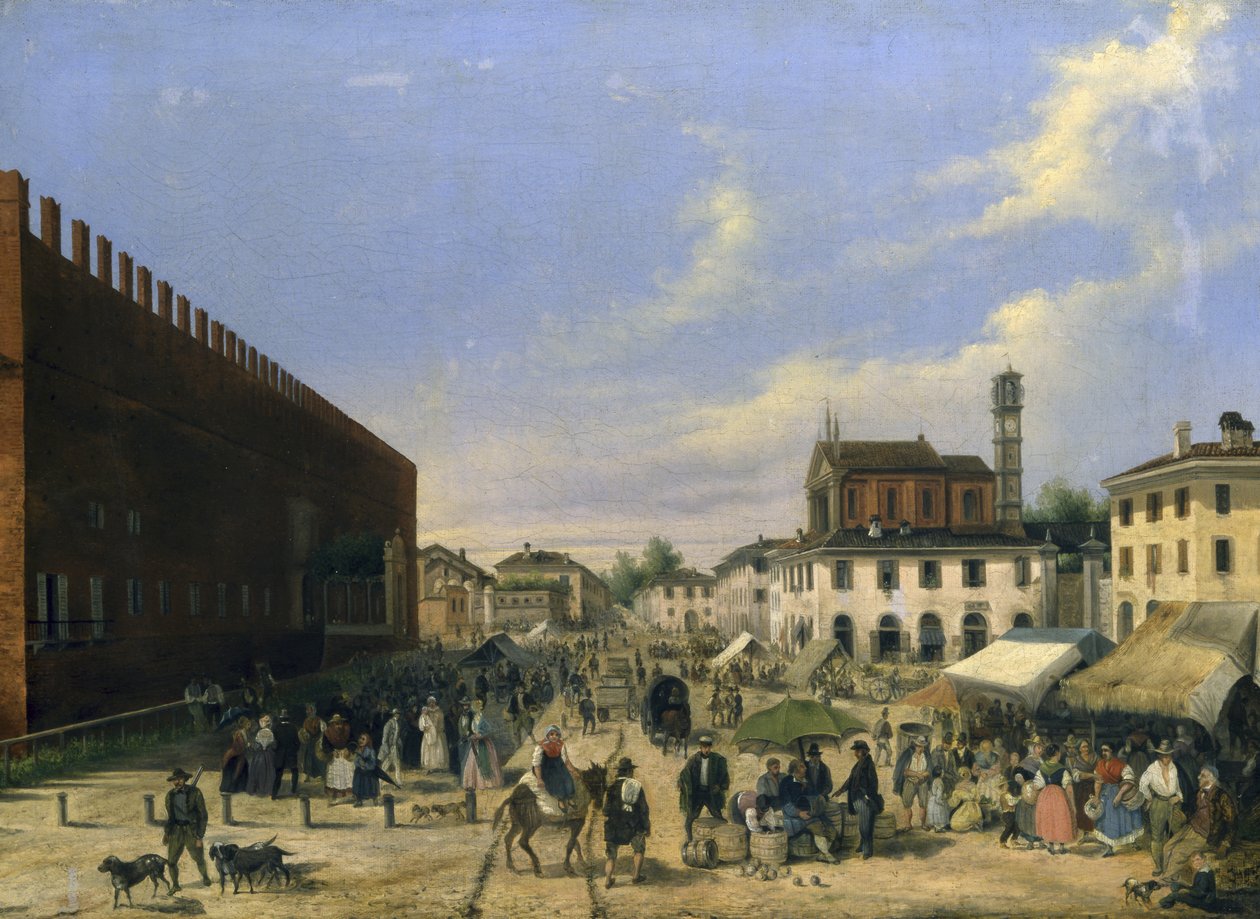 Plaza del Mercado en Belgioioso de Angelo Inganni