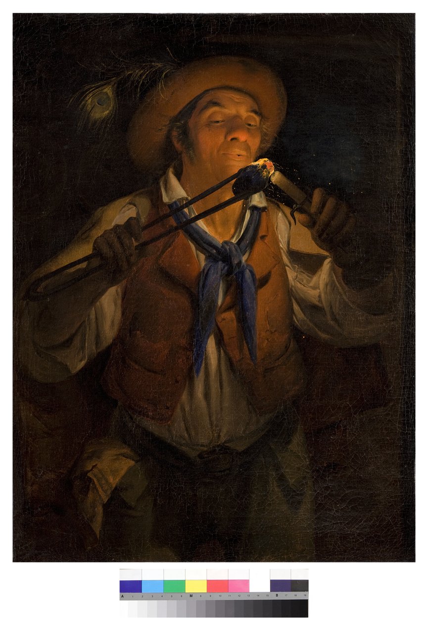 Campesino encendiendo una vela con una brasa de Angelo Inganni