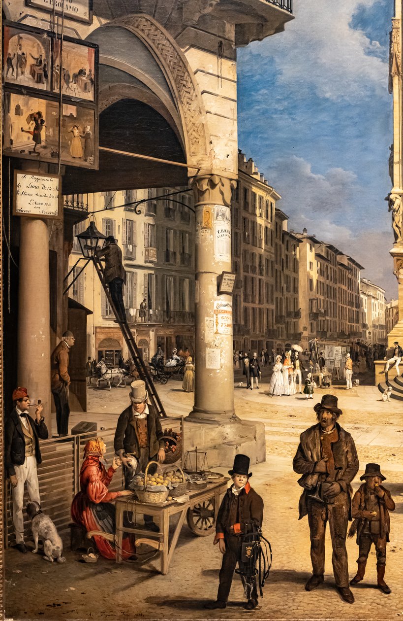 Vista del Duomo con el Coperto de Figini, detalle de Angelo Inganni
