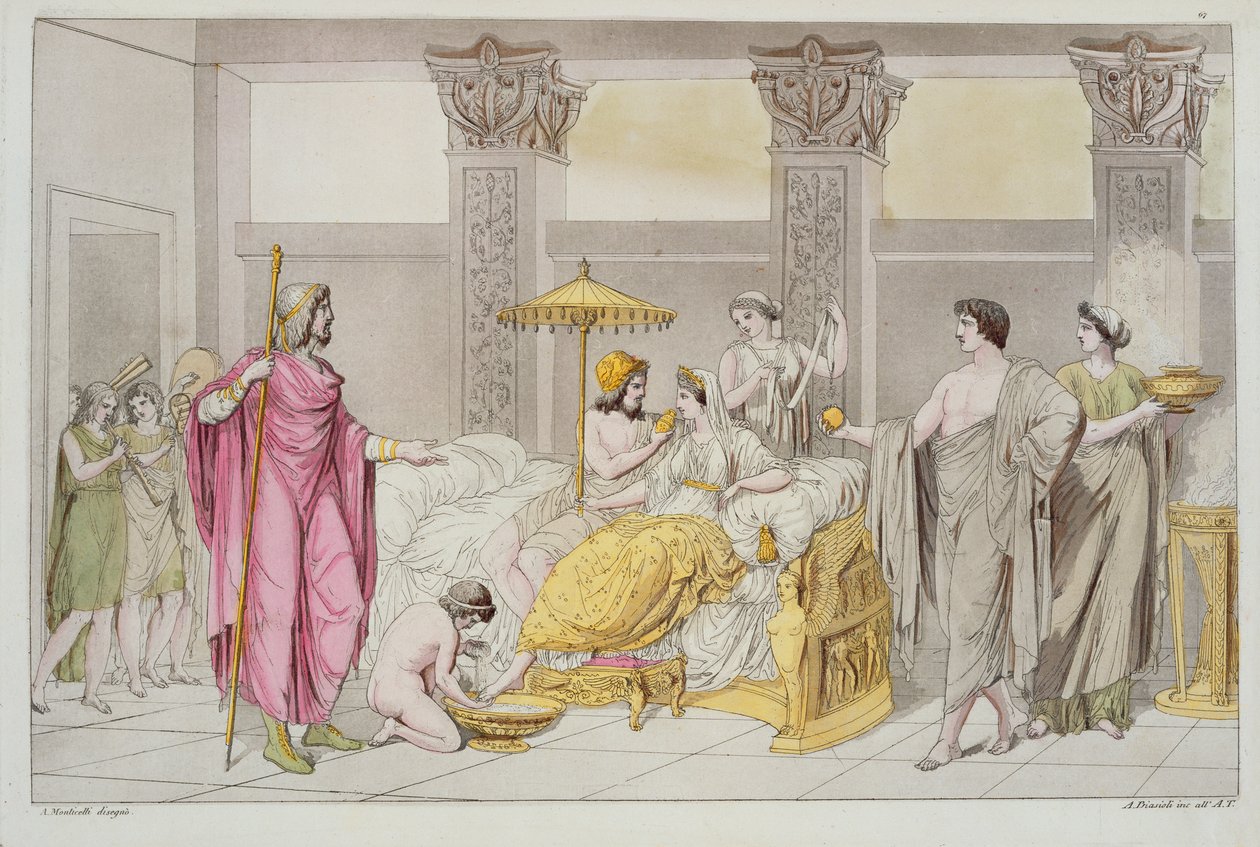 La boda de Ulises y Penélope, ilustración de Le Costume Ancien ou Moderne por Jules Ferrario, grabado por A. Biasoli, Milán 1821 de Angelo Monticelli