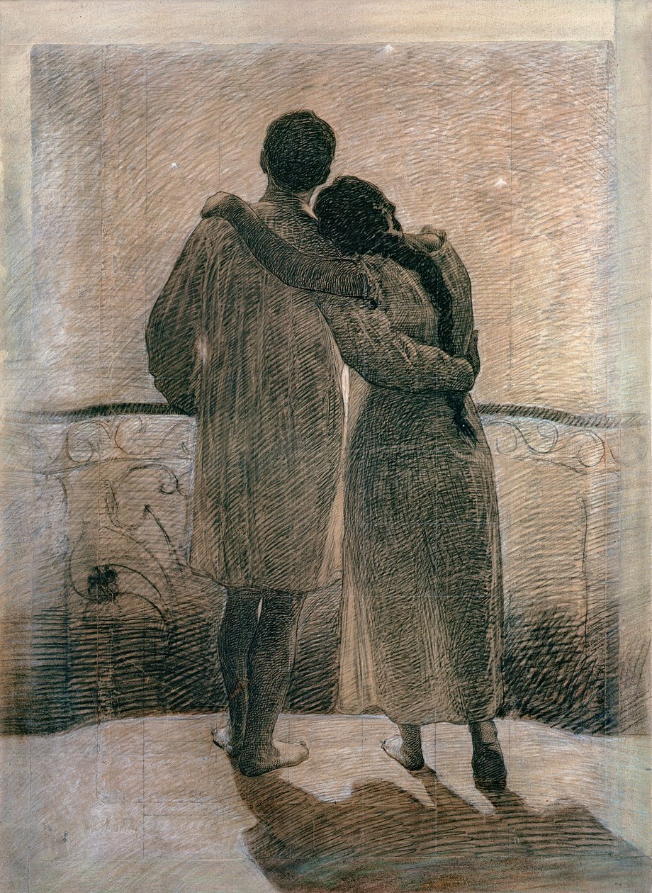 Pareja joven, panel central del tríptico Sueño y Realidad, 1905 de Angelo Morbelli