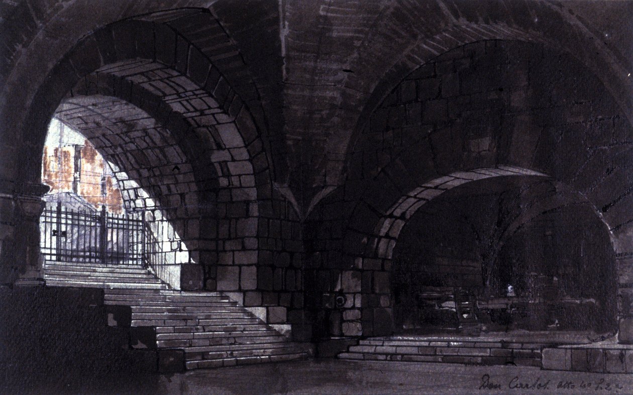 Escenografía de Angelo Parravicini para la escena 2 del acto IV de la ópera "Don Carlos" del compositor italiano Giuseppe Verdi (1813-1901) para la representación en el teatro alla Scala (Teatro de la Scala) de Milán el 26/10/1912. de Angelo Parravicini