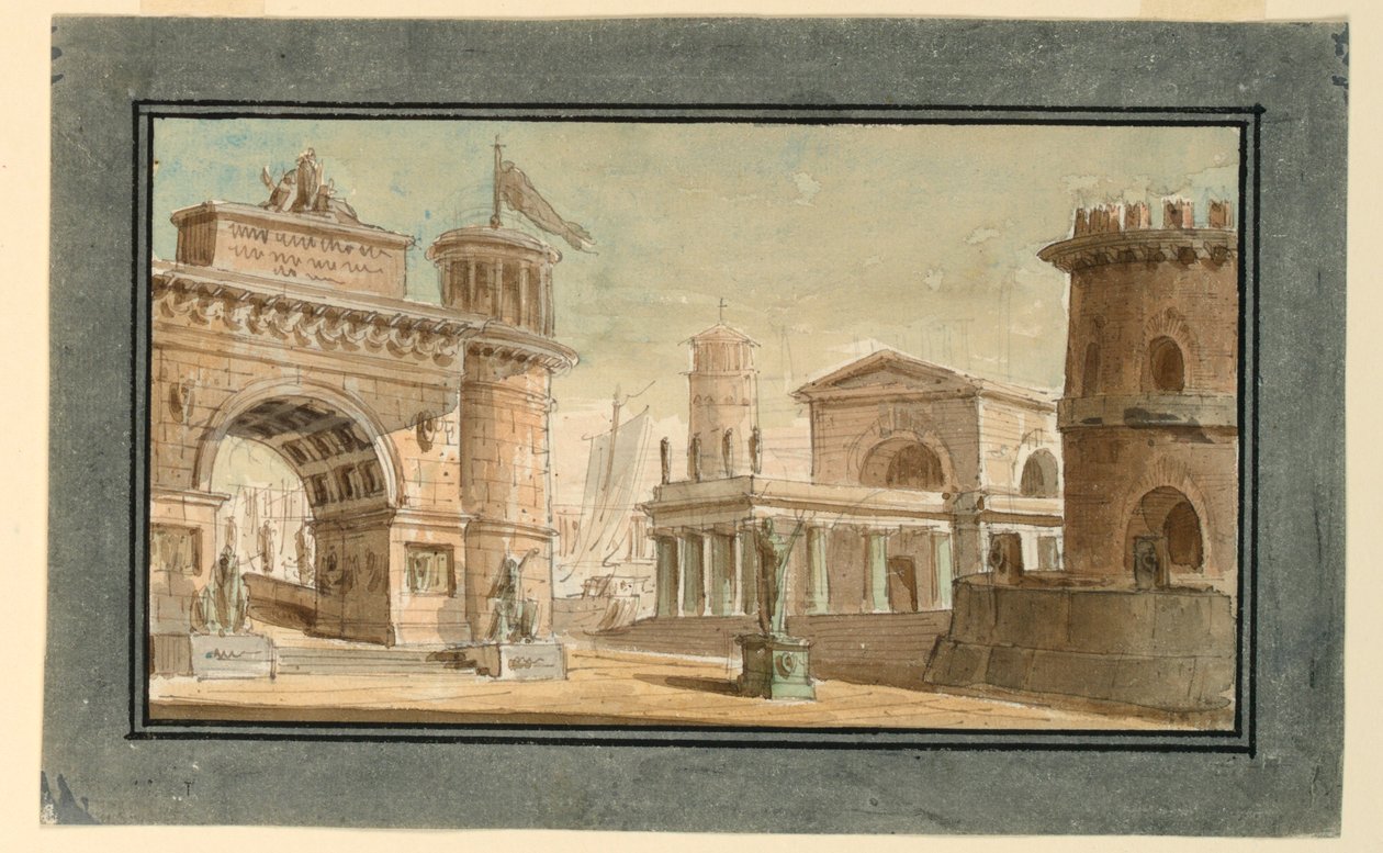 Diseño escénico, grupo de edificios cerca del puerto de Angelo Toselli