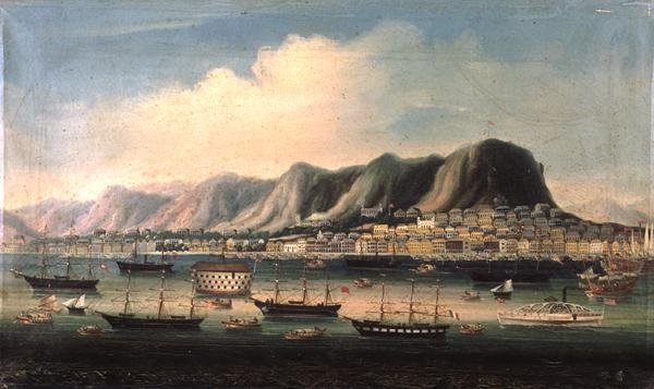 Vista de Hong Kong, con un barco prisión y un vapor de paletas en el puerto de Anglo Chinese School