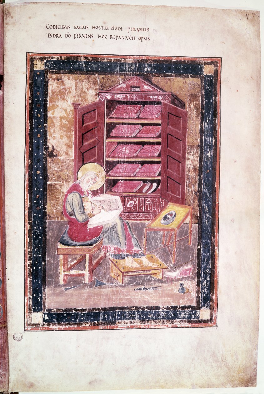 Ms 1 f.vr Esdras escribiendo los libros sagrados de memoria en 458 a.C., del Codex Amiatinus de Anglo Saxon