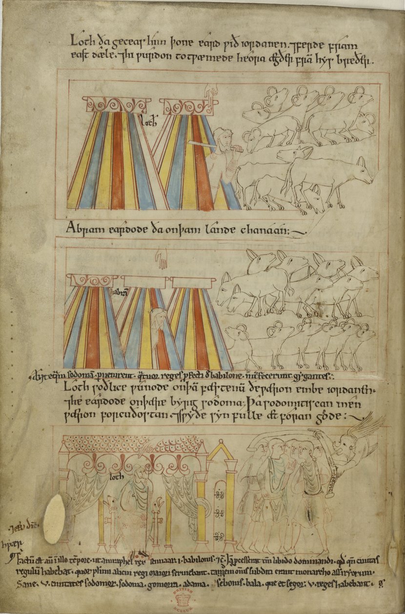 Algodón Claudio B. IV, f.23v Lot y Abraham de Anglo Saxon