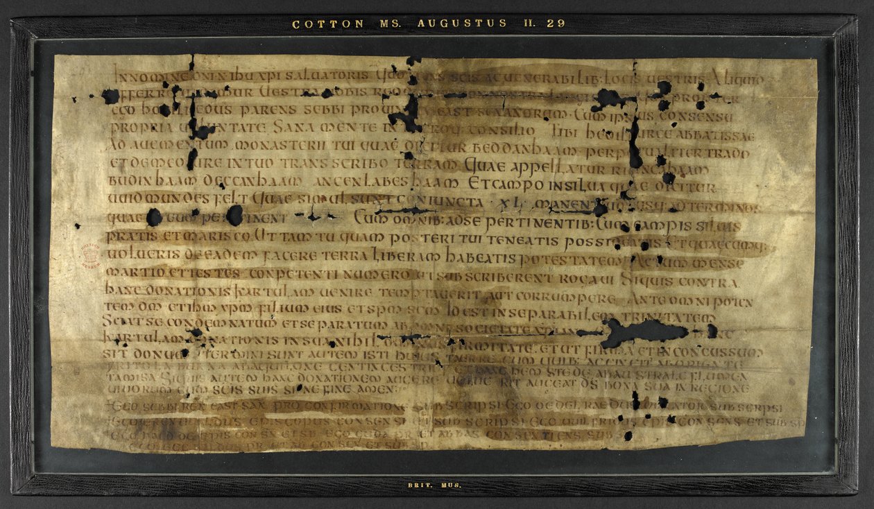Concesión de Hodilredus (Æthelred), pariente del rey Sebbi de los sajones orientales (fl. 685-706), a Hedilburg (Æthelburg), abadesa de Anglo Saxon Anglo Saxon