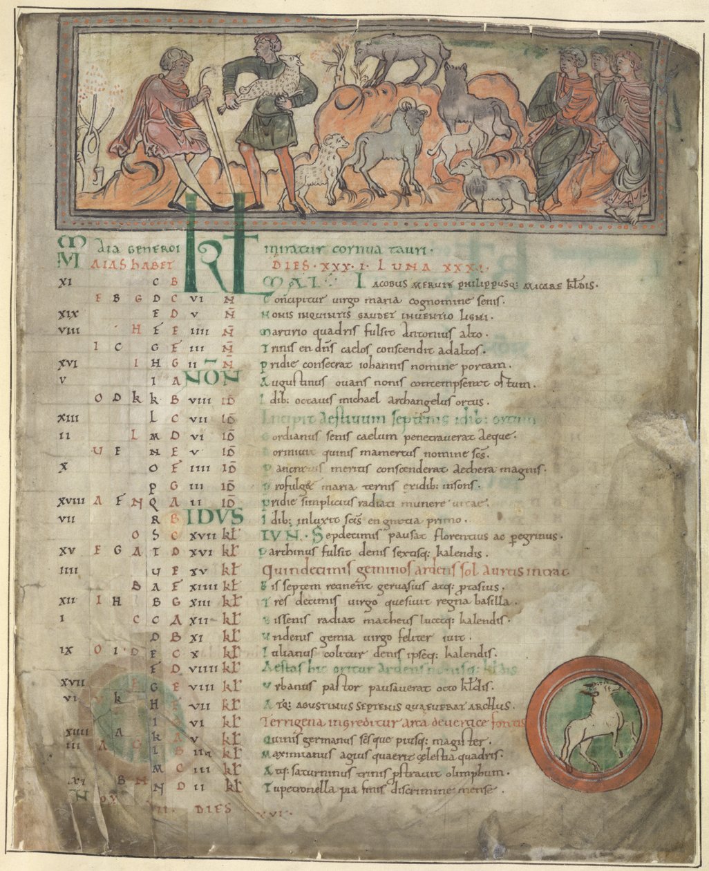 Cotton Tiberius B. V, Parte 1, f.5 Página del calendario de mayo. Cuidando ovejas. Dos pastores con su rebaño, uno sosteniendo un cayado y tres figuras sentadas. A los pies, Aries en círculo. de Anglo Saxon