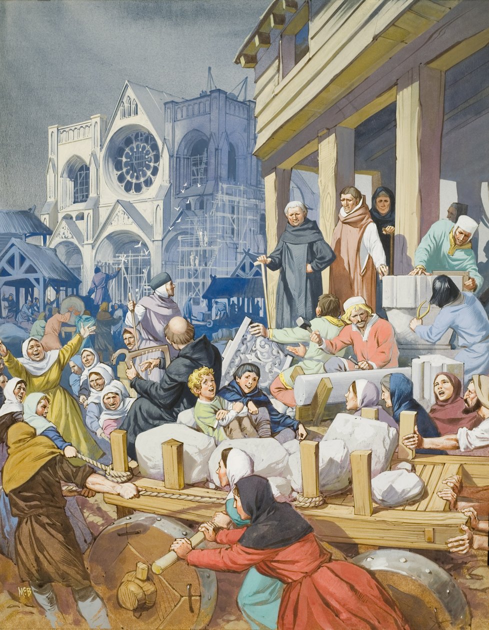 El abad Suger (c.1081-1151) y la construcción de la abadía de San Denis (gouache sobre papel) de Angus McBride