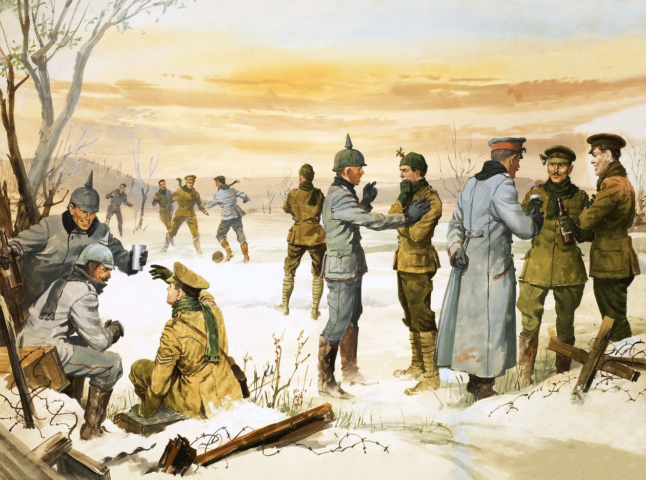 Soldados británicos y alemanes celebran una tregua navideña durante la Gran Guerra de Angus McBride