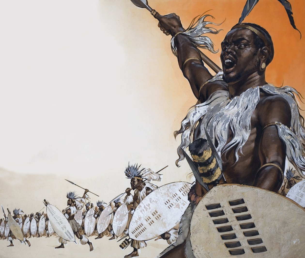 Chaka en combate al frente del regimiento de Tulwana impi (gouache sobre papel) de Angus McBride