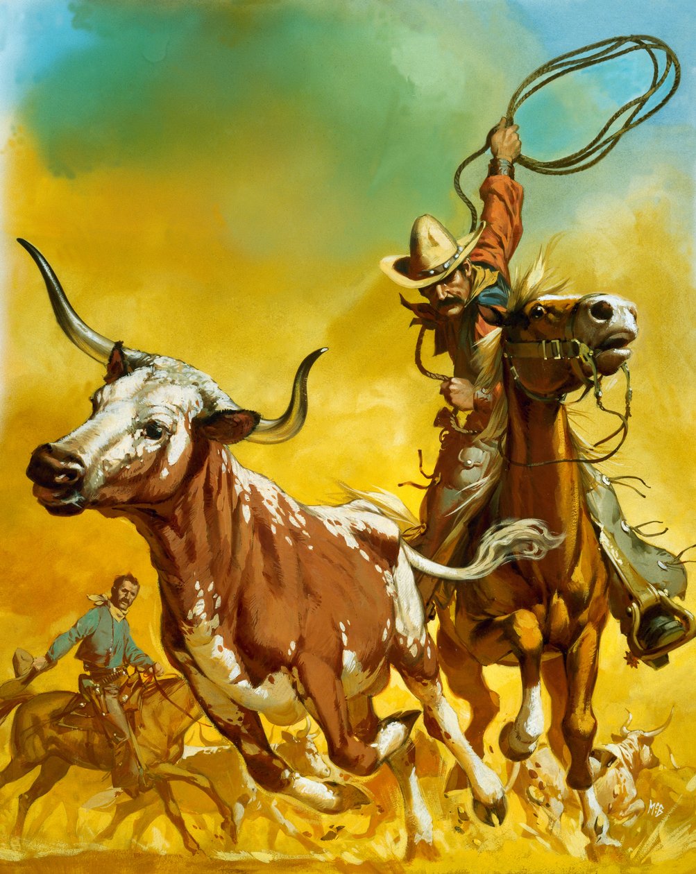 Cowboy lassoing cattle (gouache sobre papel) de Angus McBride