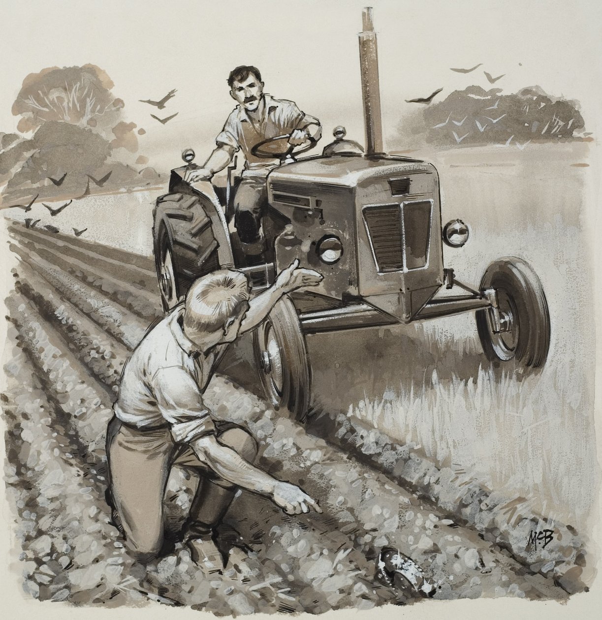 Granjero descubriendo una reliquia antigua (gouache sobre papel) de Angus McBride