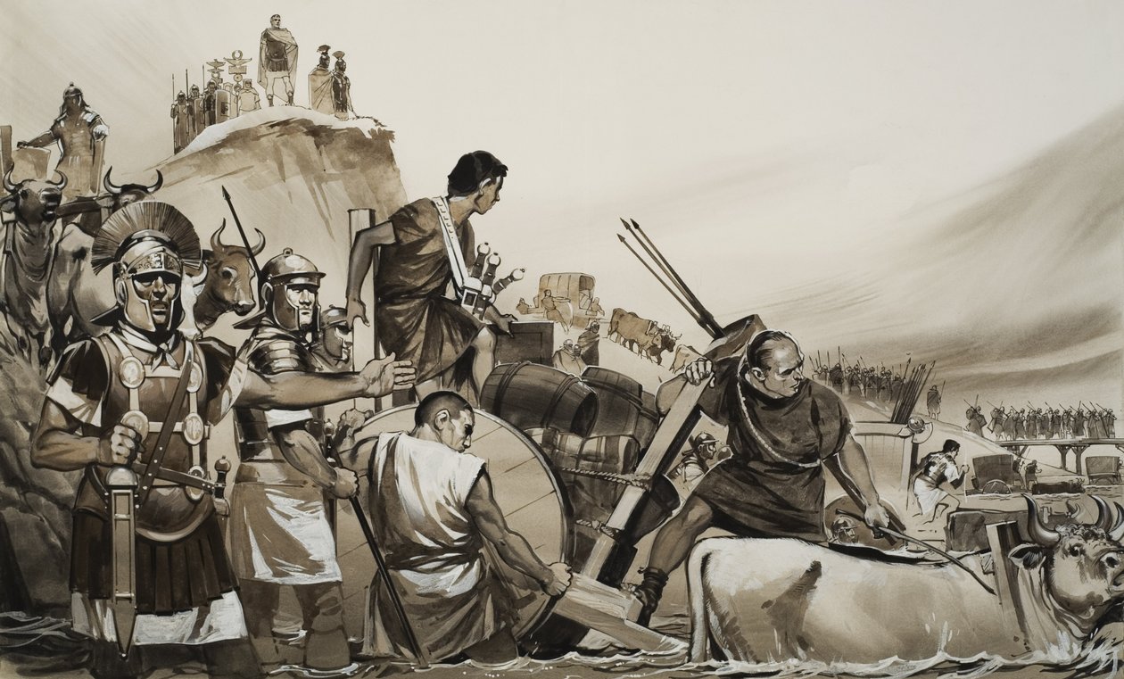Julio César (100-44 a.C.) conduce a sus soldados a través del pequeño río Rubicón y marcha sobre Roma (gouache sobre papel) de Angus McBride