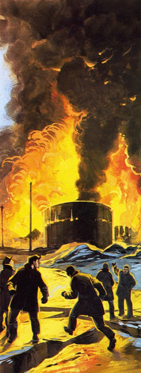 Tanques de petróleo ardiendo en Seward tras el terremoto de Anchorage de 1964 de Angus McBride