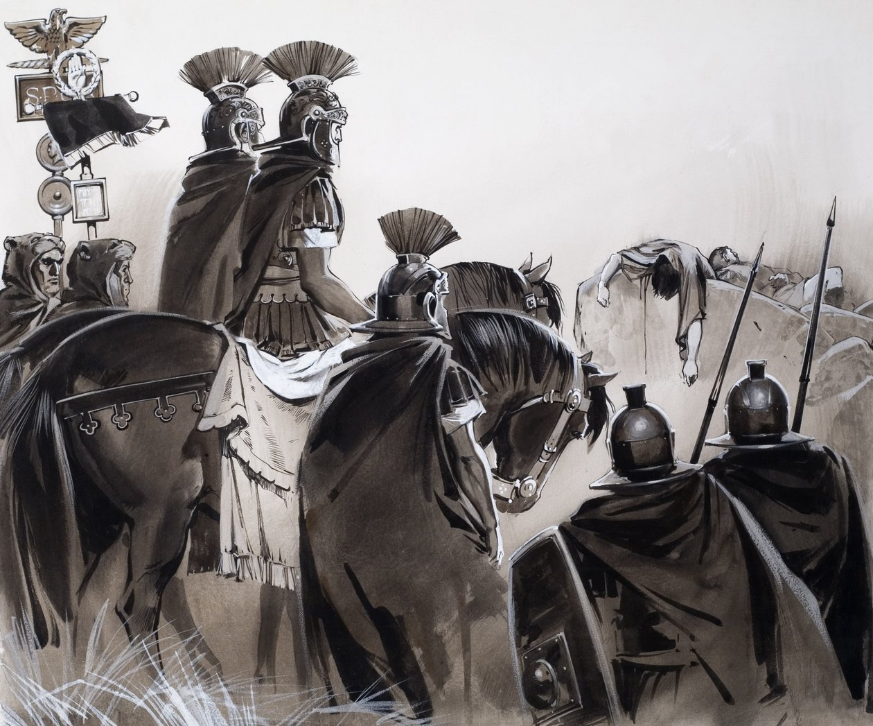 Soldados romanos tras una batalla (gouache sobre papel) de Angus McBride
