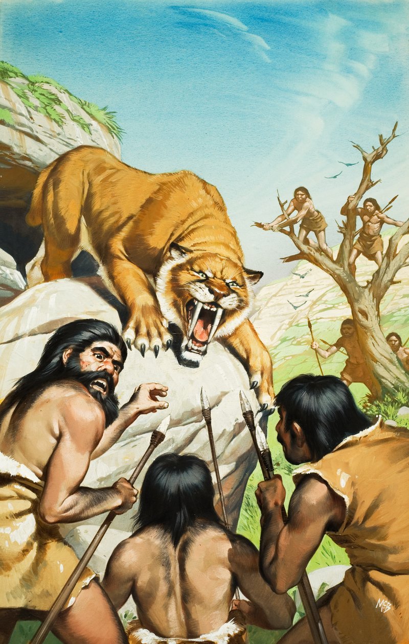 Tigre dientes de sable y hombres de las cavernas (gouache sobre papel) de Angus McBride