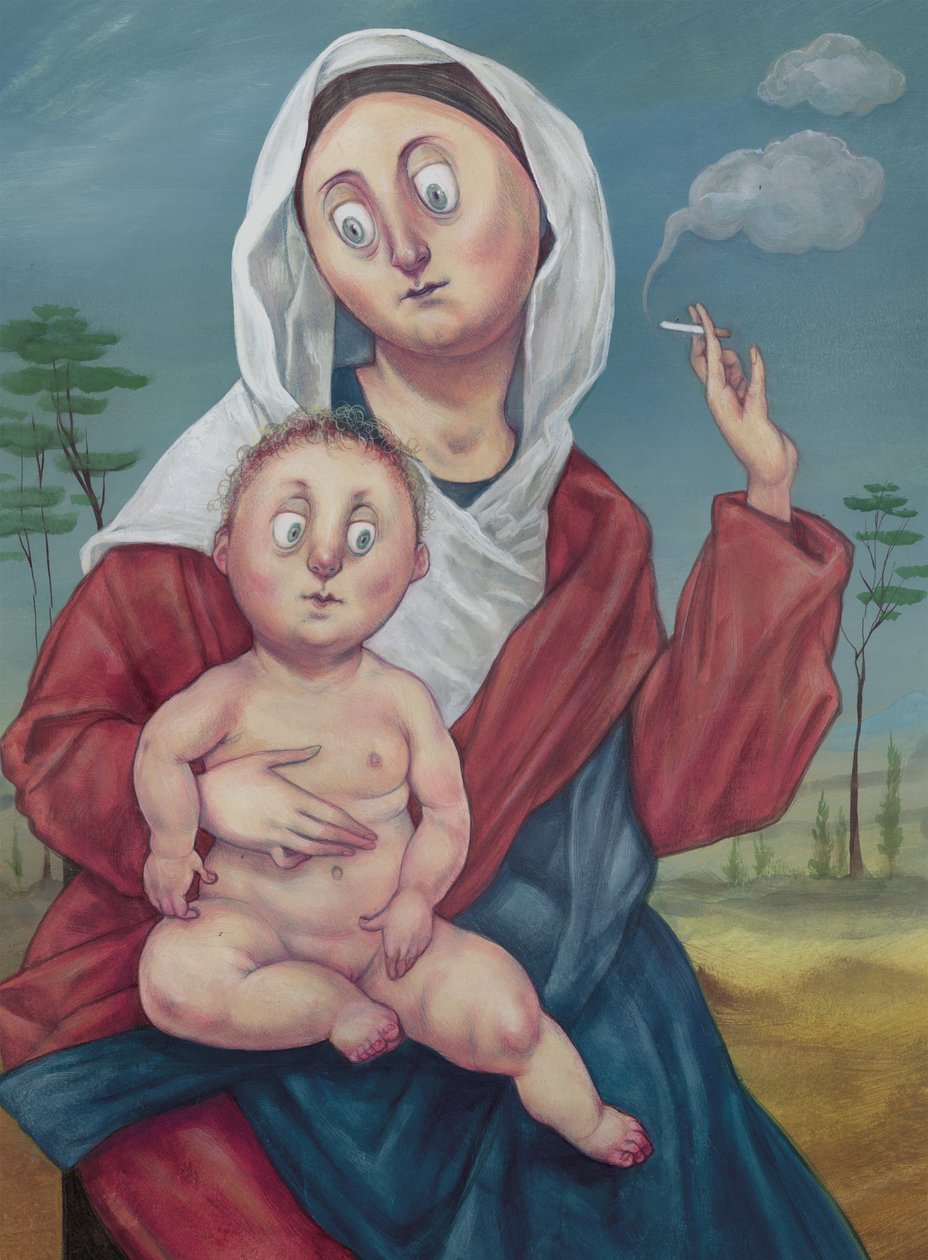 Madonna On A Cigarette Break, 2018 (pintura acrílica sobre cartón ilustración) de Anita Kunz