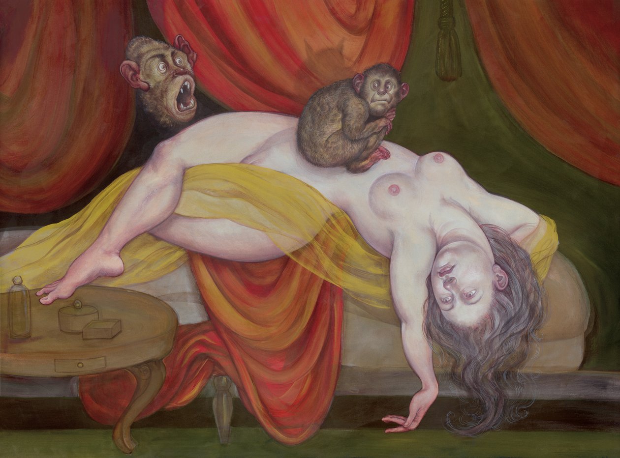 Pesadilla con mono, 2018 (pintura acrílica sobre tabla ilustración) de Anita Kunz