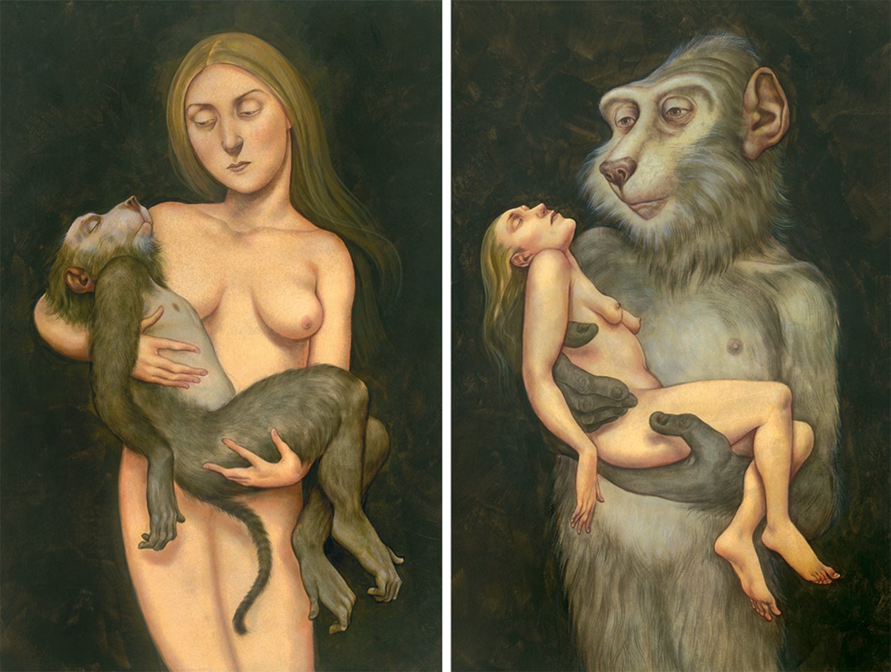 Piedad con macaco, 2010 (pintura acrílica sobre cartón ilustración) de Anita Kunz