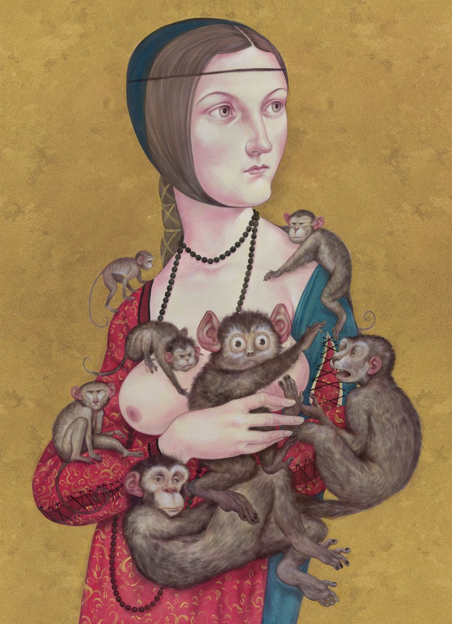 Mujer con monos, 2016 (pintura acrílica sobre tabla ilustración) de Anita Kunz