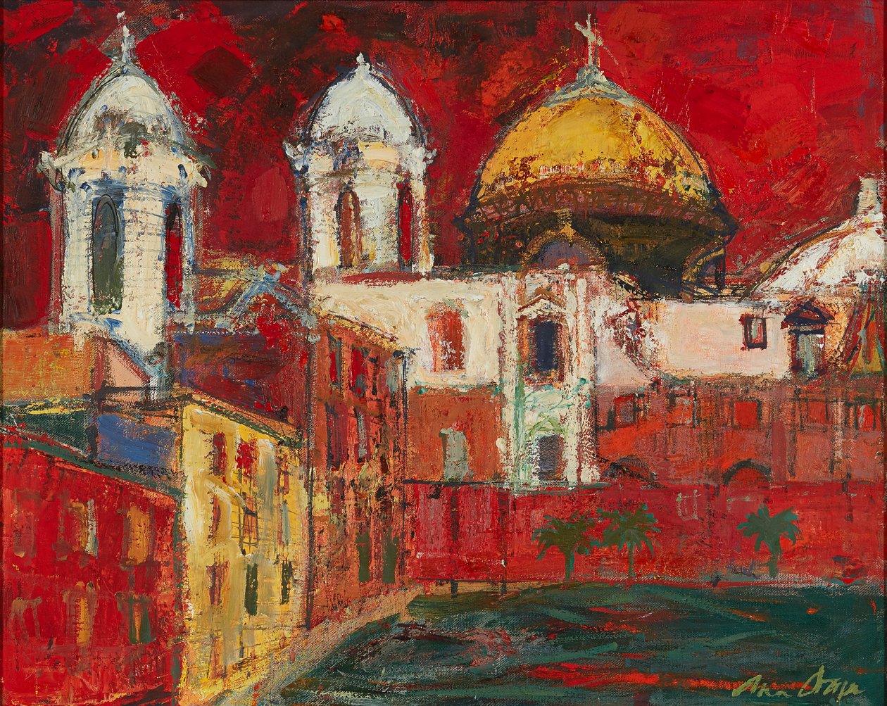 Catedral de Cádiz y edificios, cielo rojo de Ann Oram
