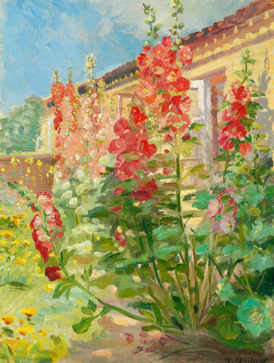 Malvarrosas rojas en el jardín de la familia Ancher en Markvej, Skagen. de Anna Ancher