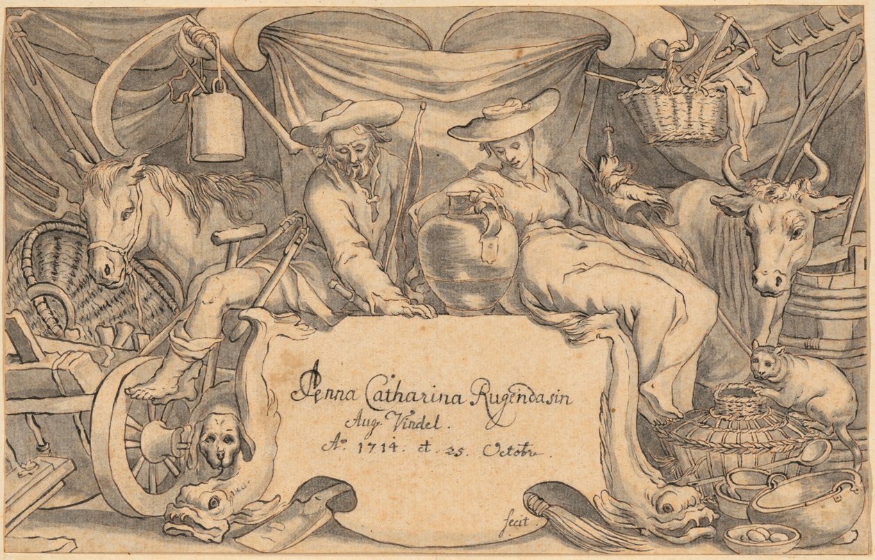 Pareja de granjeros rodeados de sus animales y aperos de labranza de Anna Catharina Rugendas