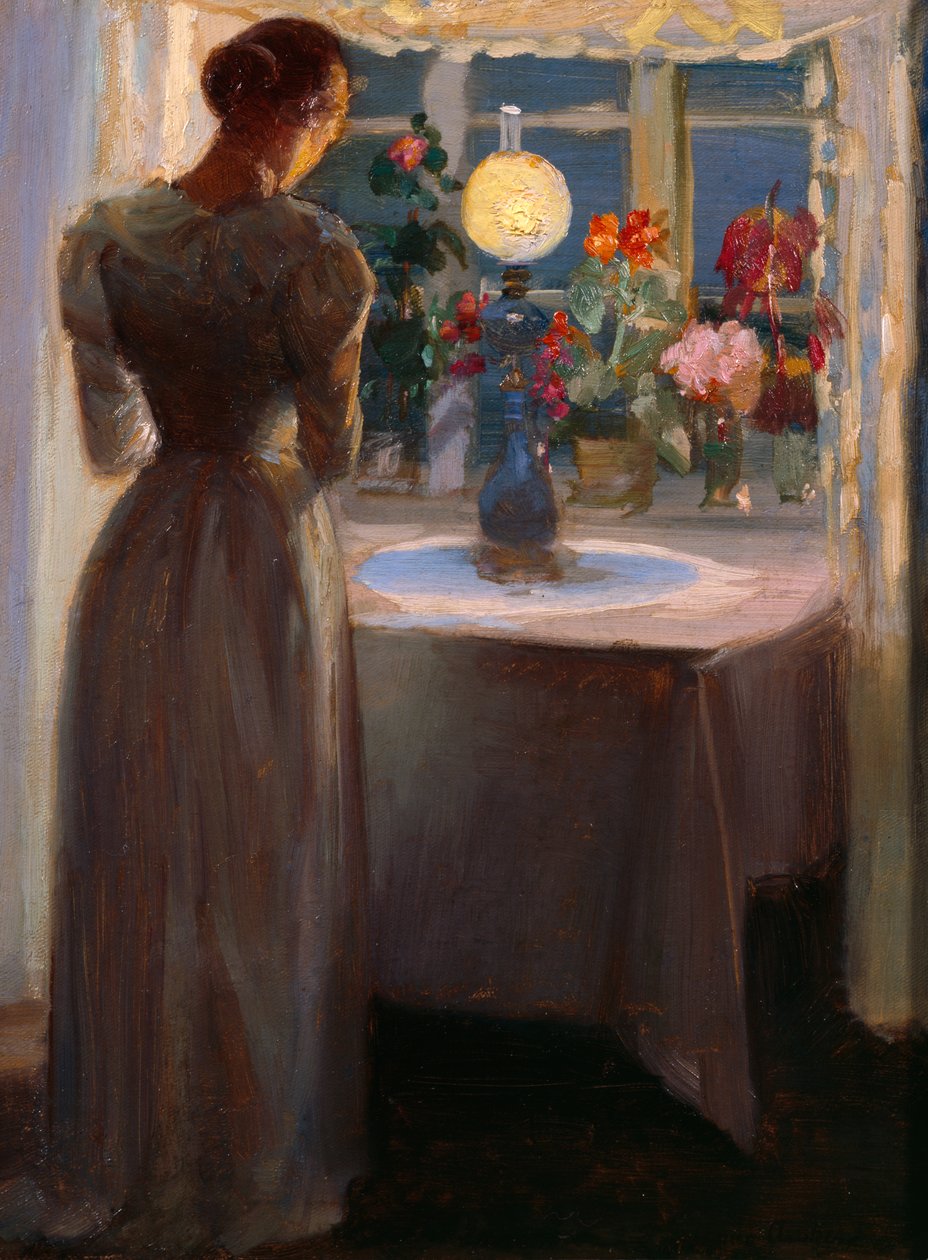 Joven delante de una lámpara de Anna Kirstine Ancher