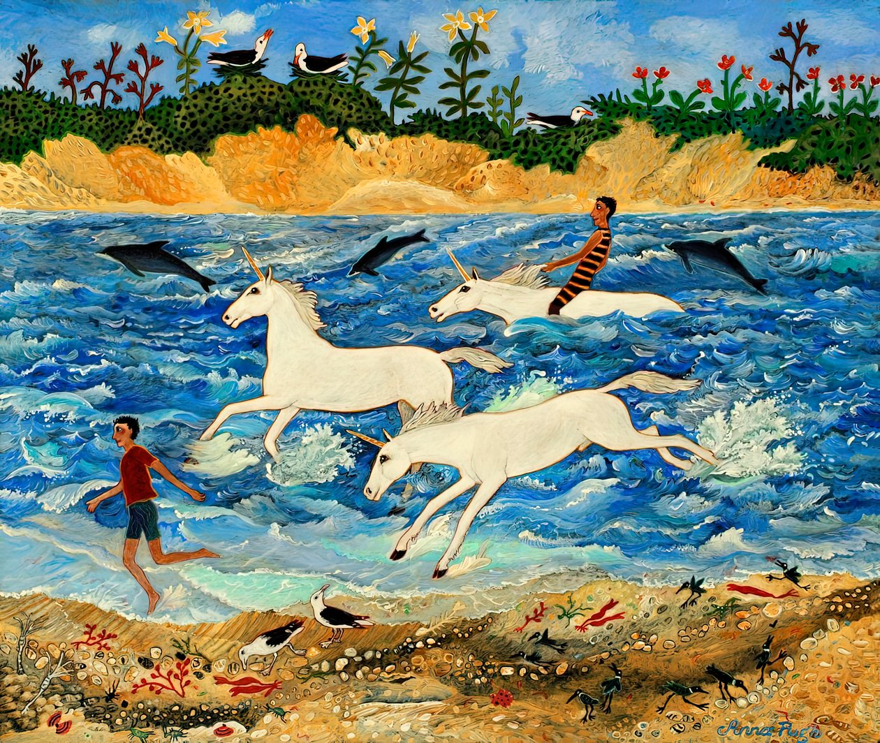 Ejercitando a un unicornio, 2012 (acrílico) de Anna Pugh