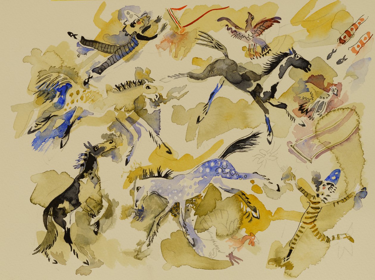 Caballo y payasos, 2023 (acuarela) de Anna Pugh