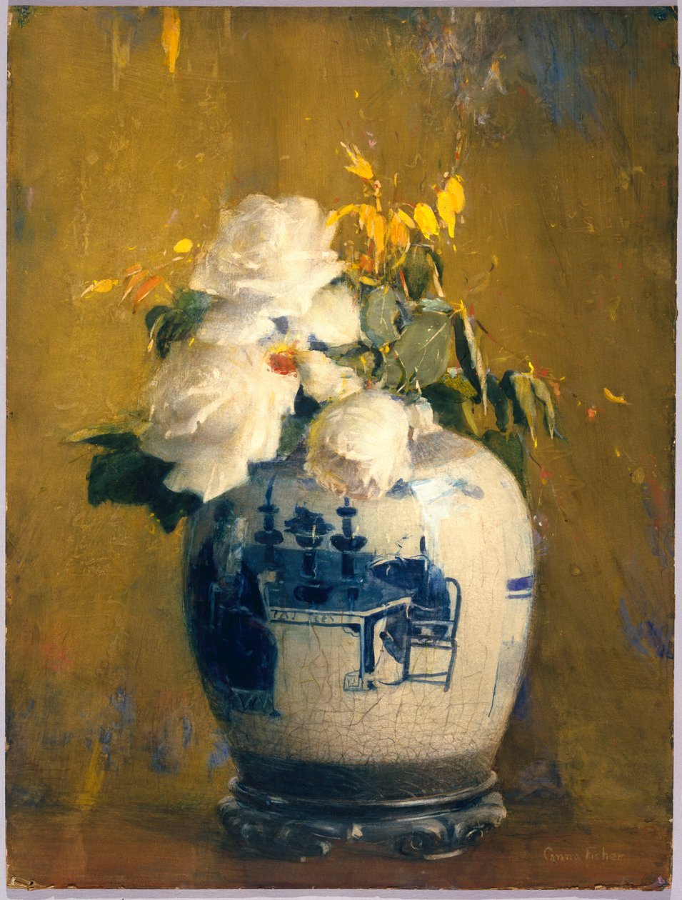 Las rosas blancas, antes de 1922 (acuarela opaca, grafito, toques de pastel y toques de acuarela transparente sobre papel de estambre crema, moderadamente grueso y ligeramente texturado, montado sobre cartulina de pasta de madera). de Anna S. Fisher