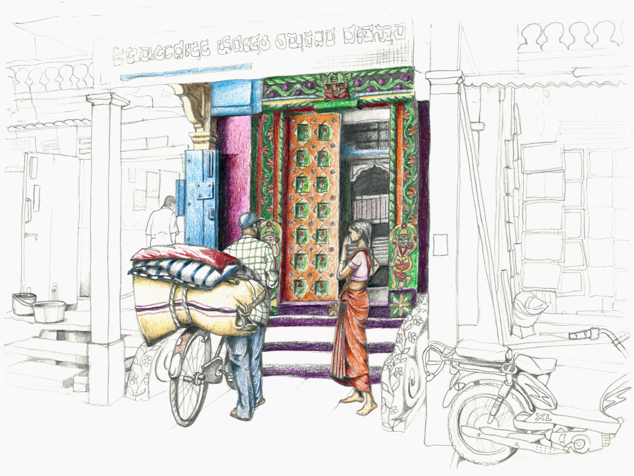 Mercader de telas, 2018 (pastel y lápiz) de Annalisa Morrocco