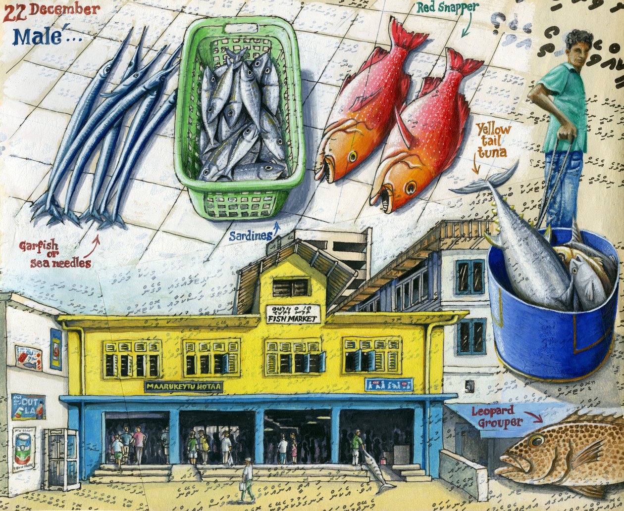 Lonja de pescado, 2018 (gouache y bolígrafo) de Annalisa Morrocco