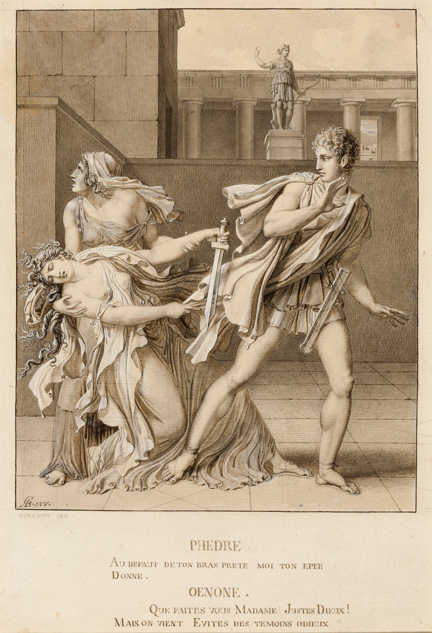 Fedra, habiendo declarado su pasión, intenta matarse con la espada de Hipólito de Anne-Louis Girodet de Roucy-Trioson