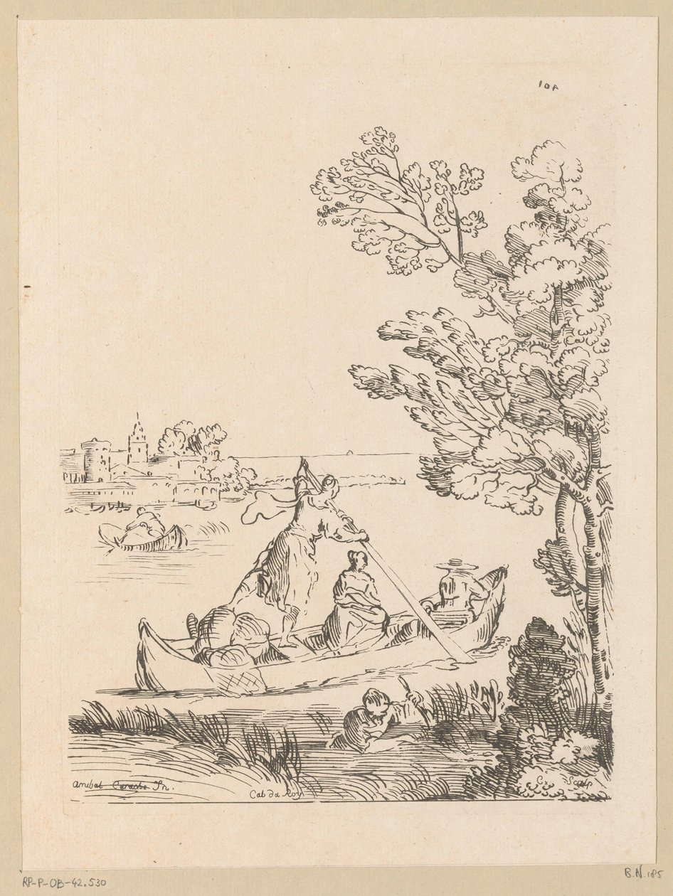 Paisaje fluvial con una barca remada por una mujer
Cabinet du Roy (título de la serie en el objeto) de Anne Claude Philippe Caylus